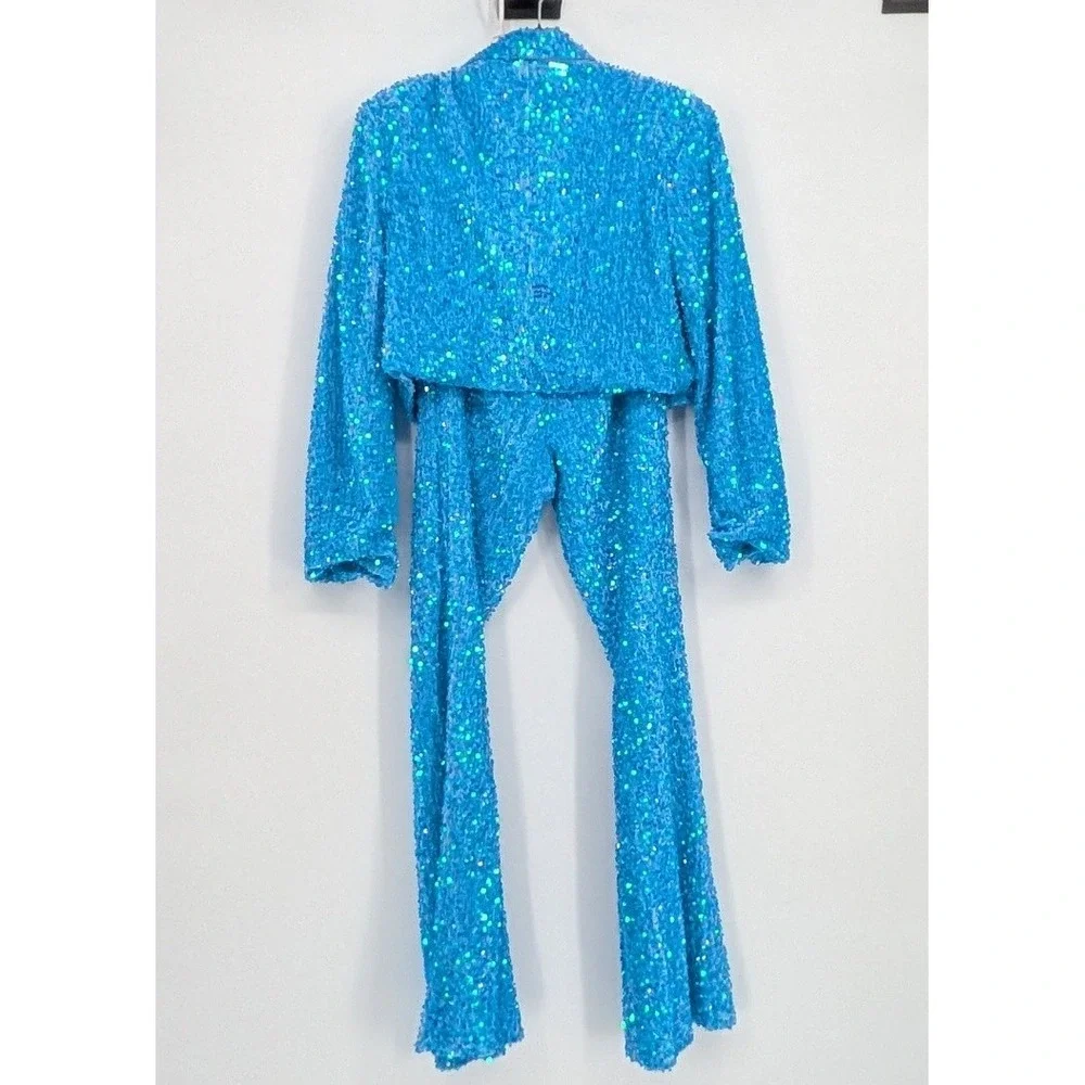 Nasty Gal $326 Size 6 Teal Blue Sequin Two Piece Set Cropped Blazer Flare Pants - Picture 9 of 16